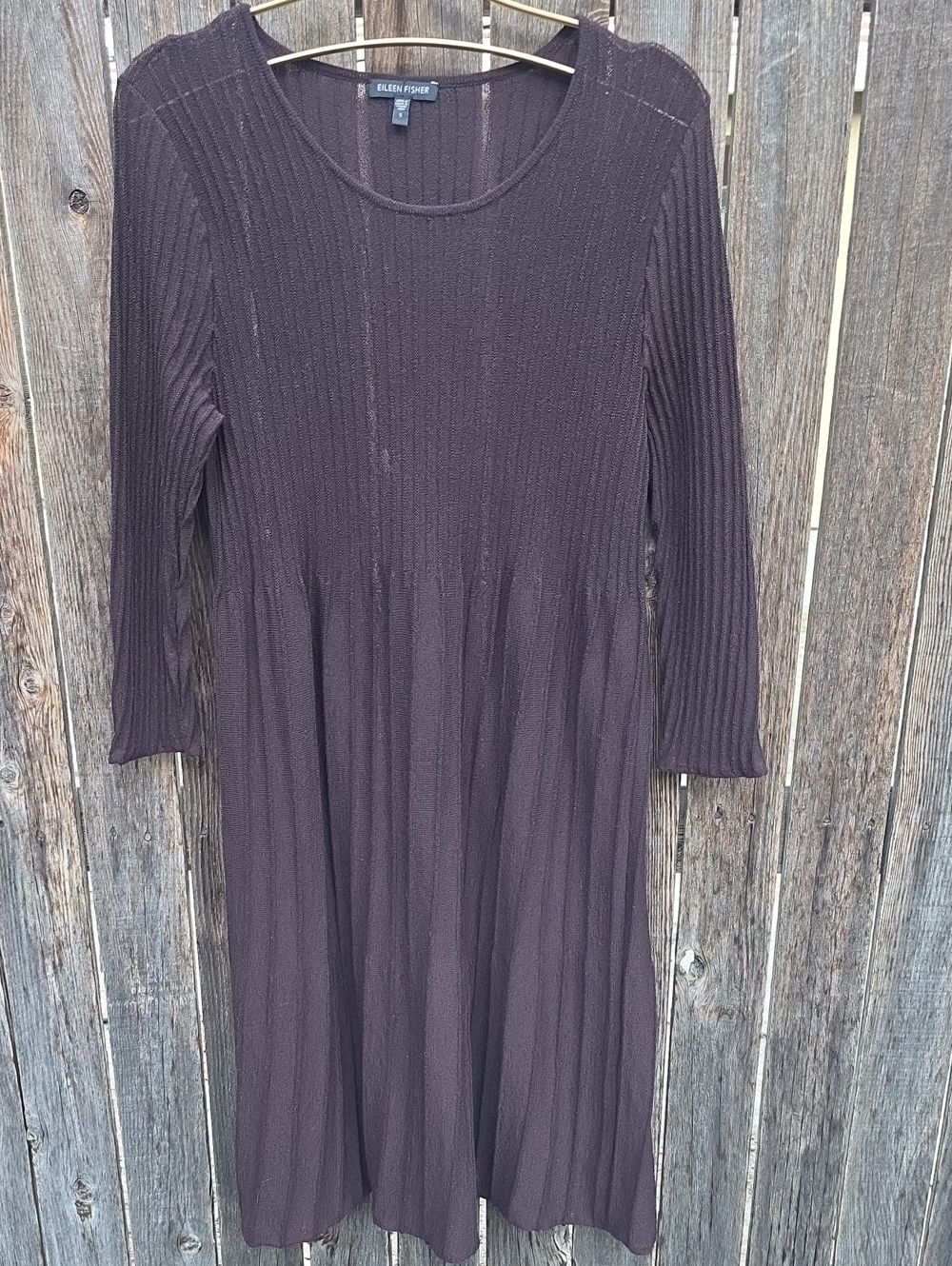 Eileen Fisher 100% Italian Wool Dark Brown Ribbed Knit Long-Sleeve Dress